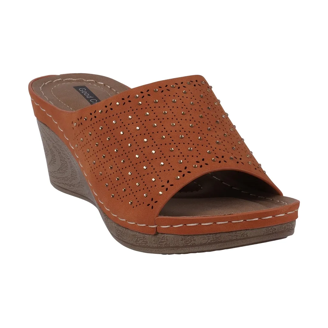 Atlanta Orange Studded Slip On Comfort Wedge Sandals