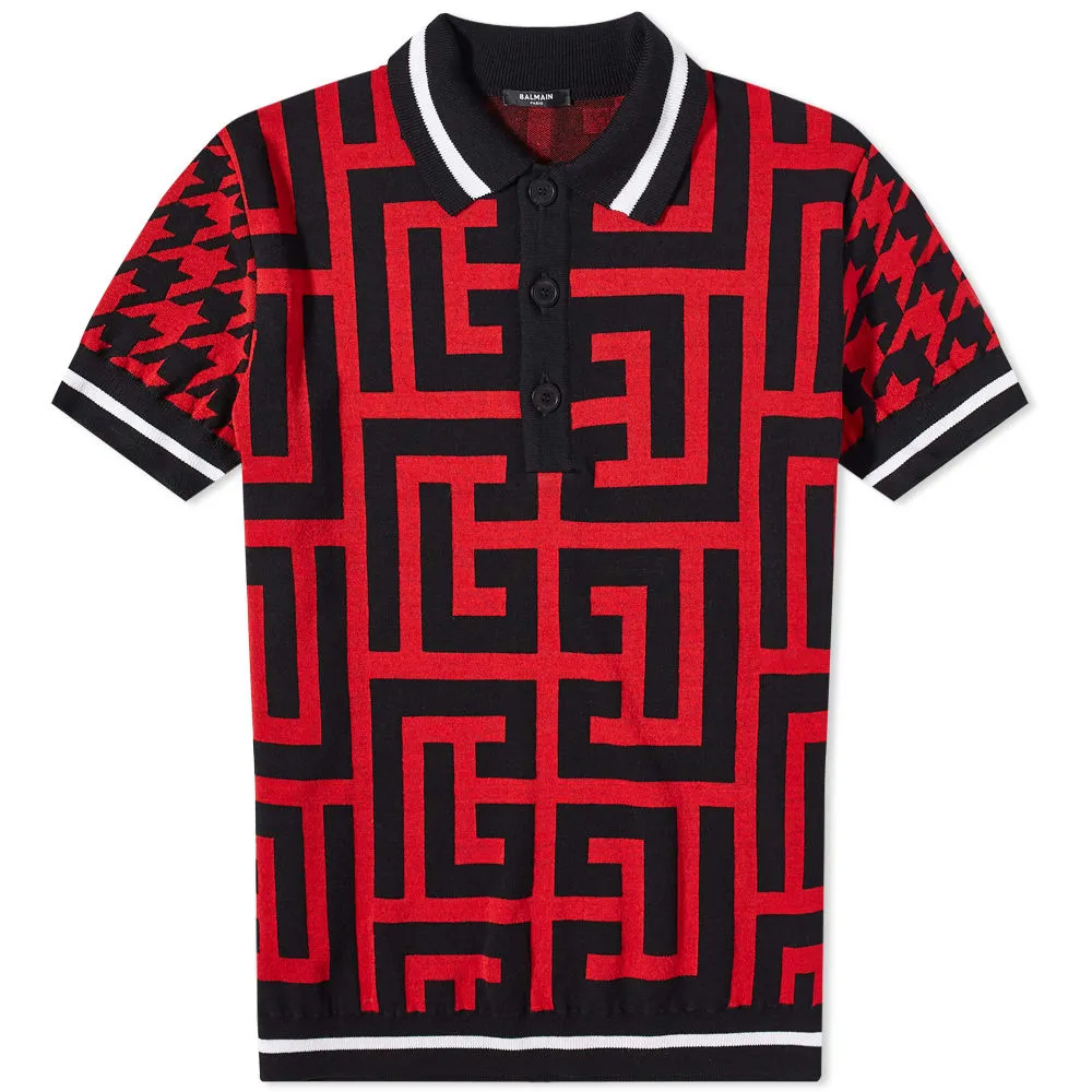 Balmain Mega Monogram Houndstooth Knit Polo Black Red