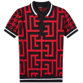 Balmain Mega Monogram Houndstooth Knit Polo Black Red