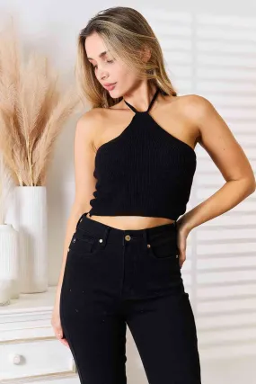 Halter Neck Ribbed Cropped Knit Top for Basics