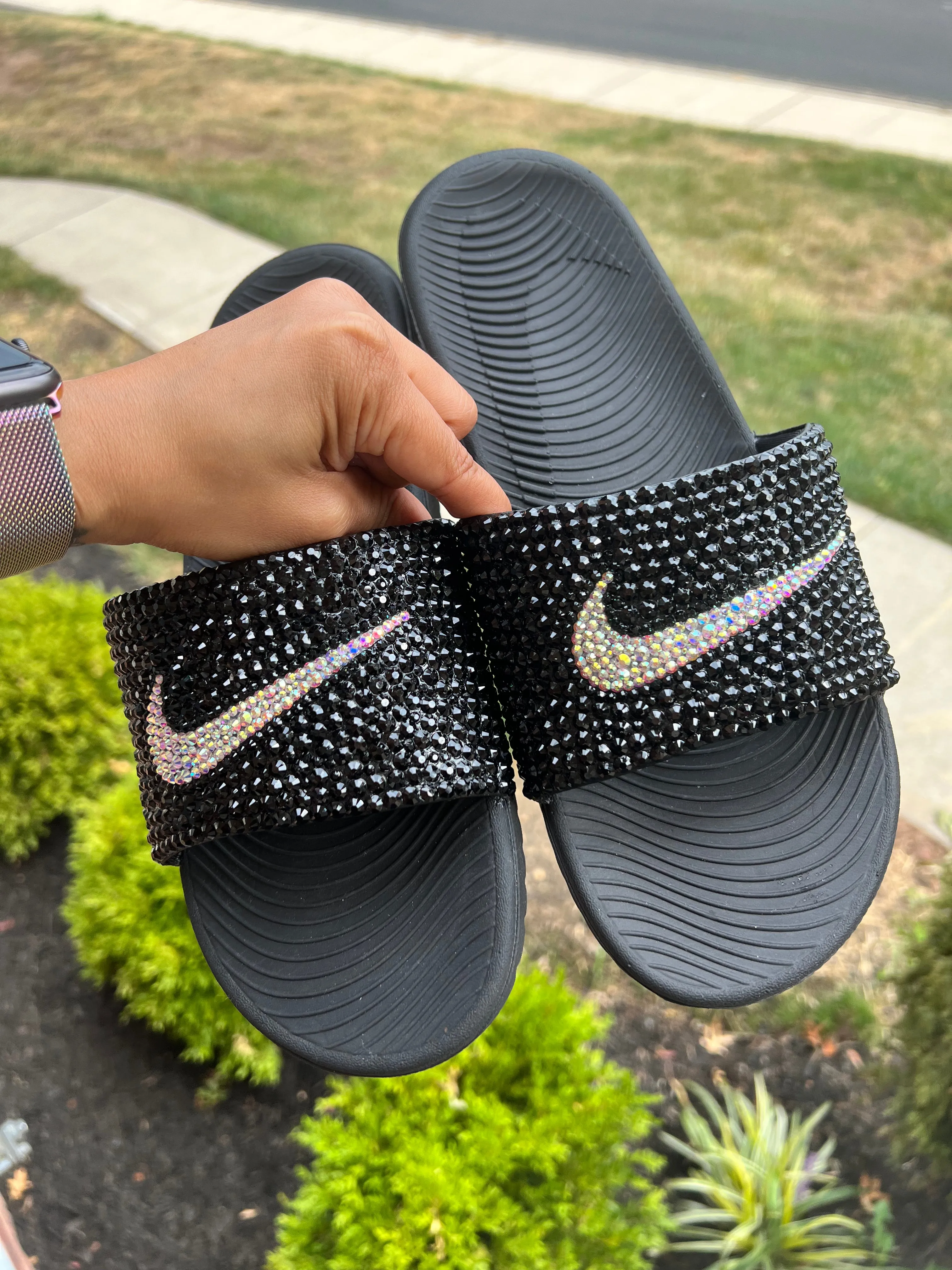 Black & AB Crystal Nike Slides