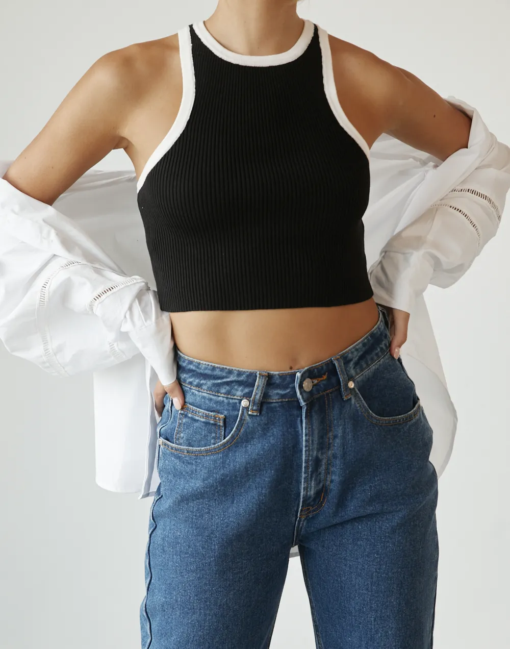 Black and White Laylani Cropped Knit Top