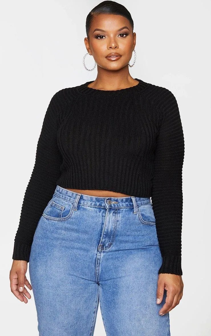 Black Cropped Rib Knit Jumper for Plus Size Women - PrettyLittleThing