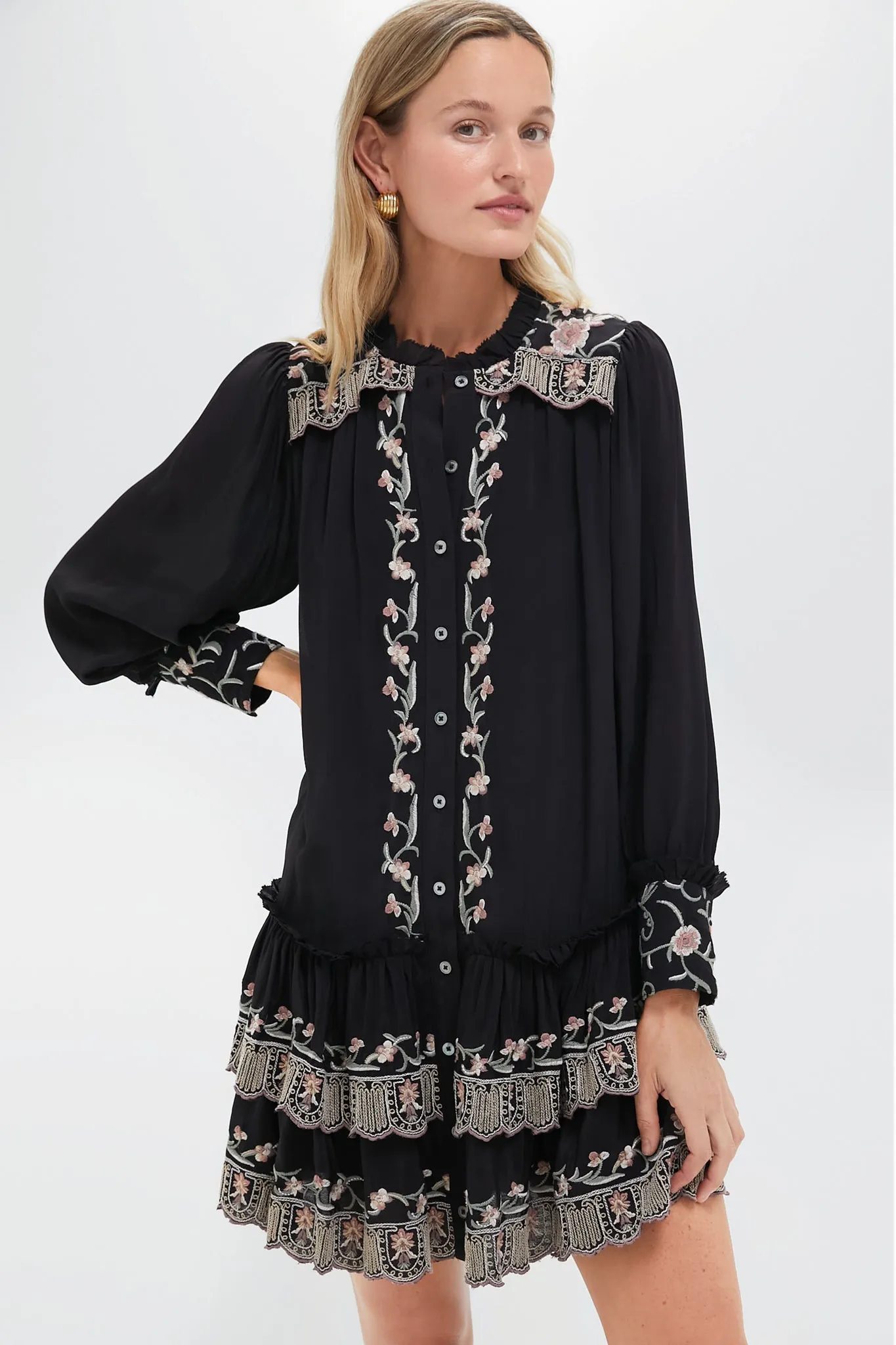 Black Lacey Embroidery Long Sleeve Tunic Dress