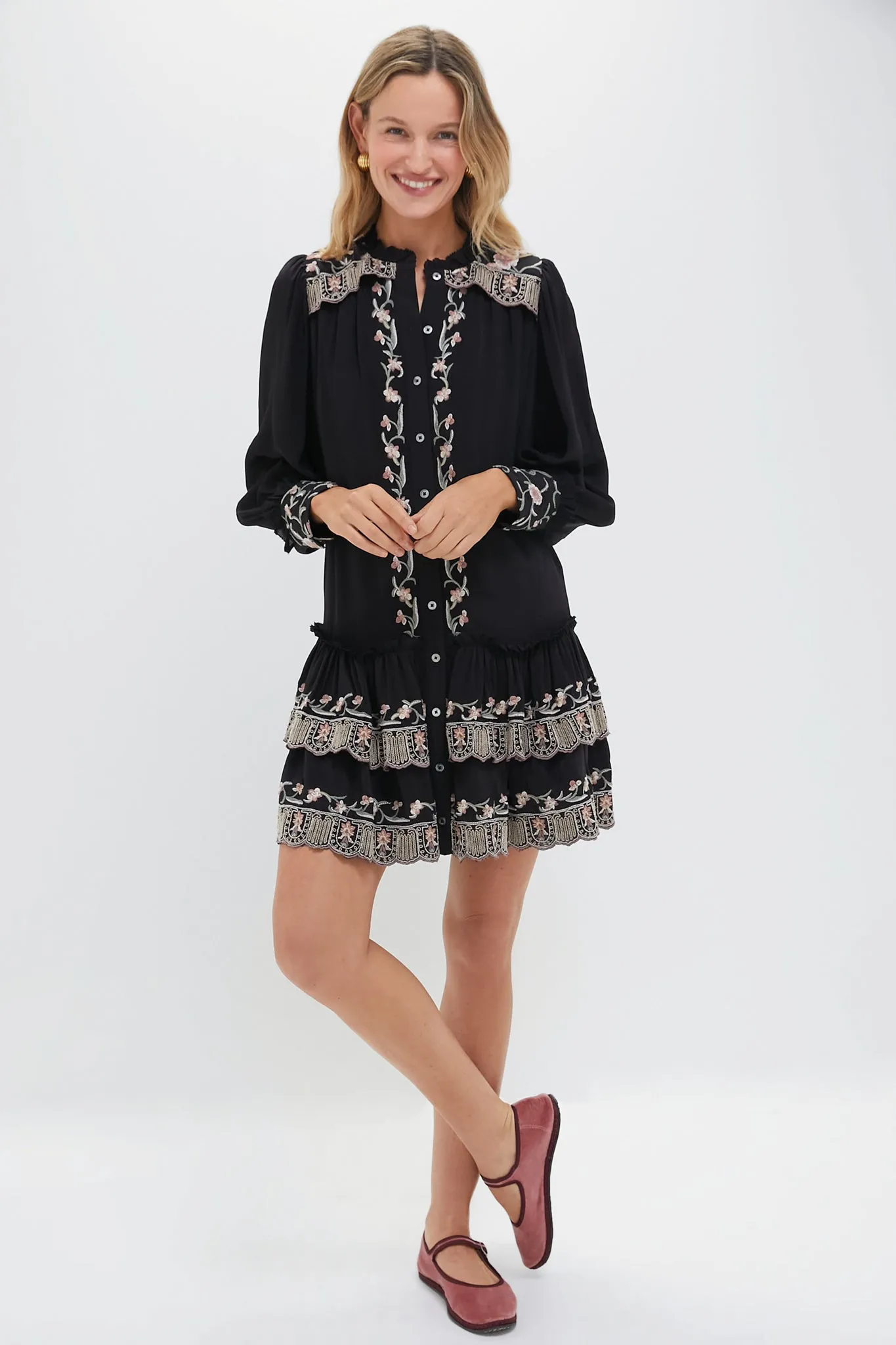 Black Lacey Embroidery Long Sleeve Tunic Dress