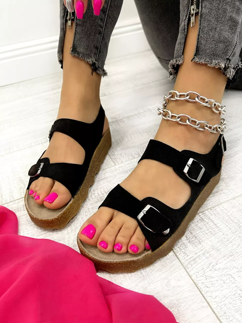 Black Leather Sandals D670 - VNS - Buckle