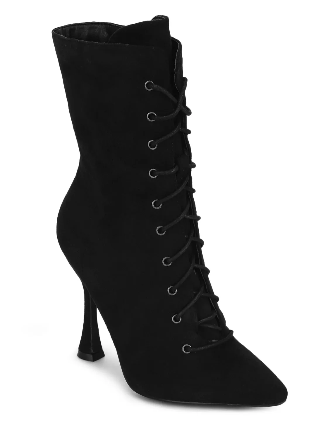 Black Micro Front Lace Up Ankle Length Boots