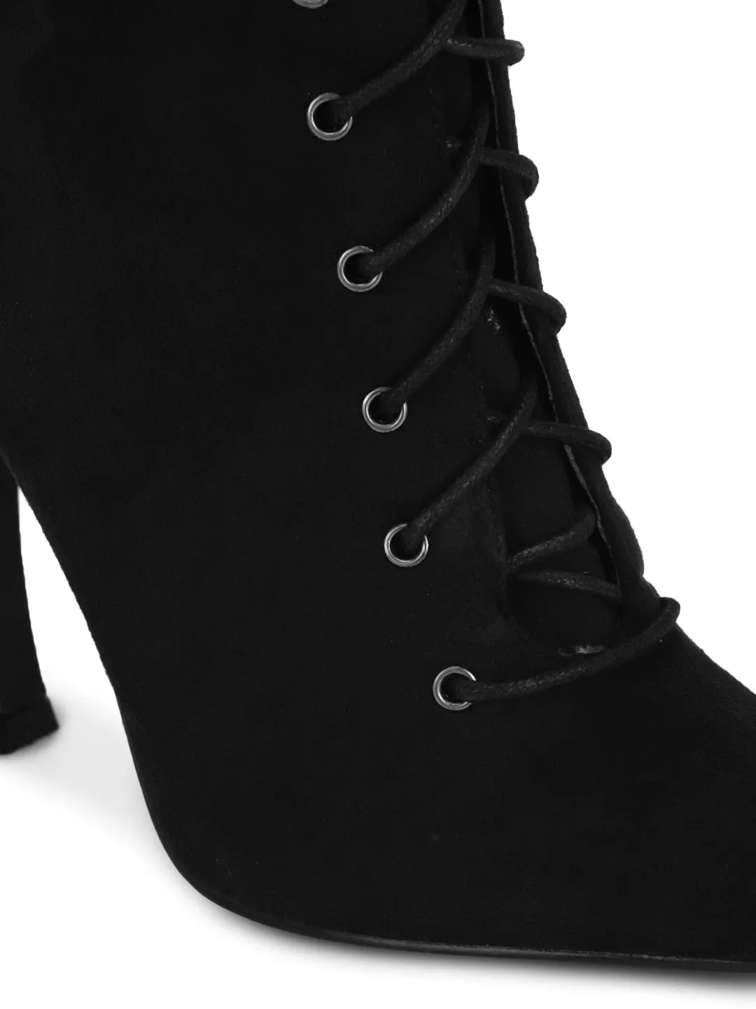 Black Micro Front Lace Up Ankle Length Boots