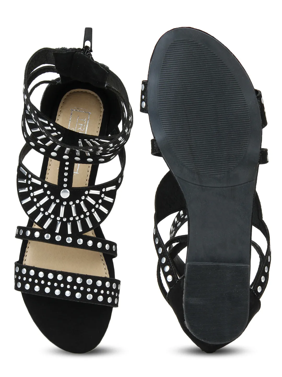 Black Micro Studded Ankle Strap Flat Sandals