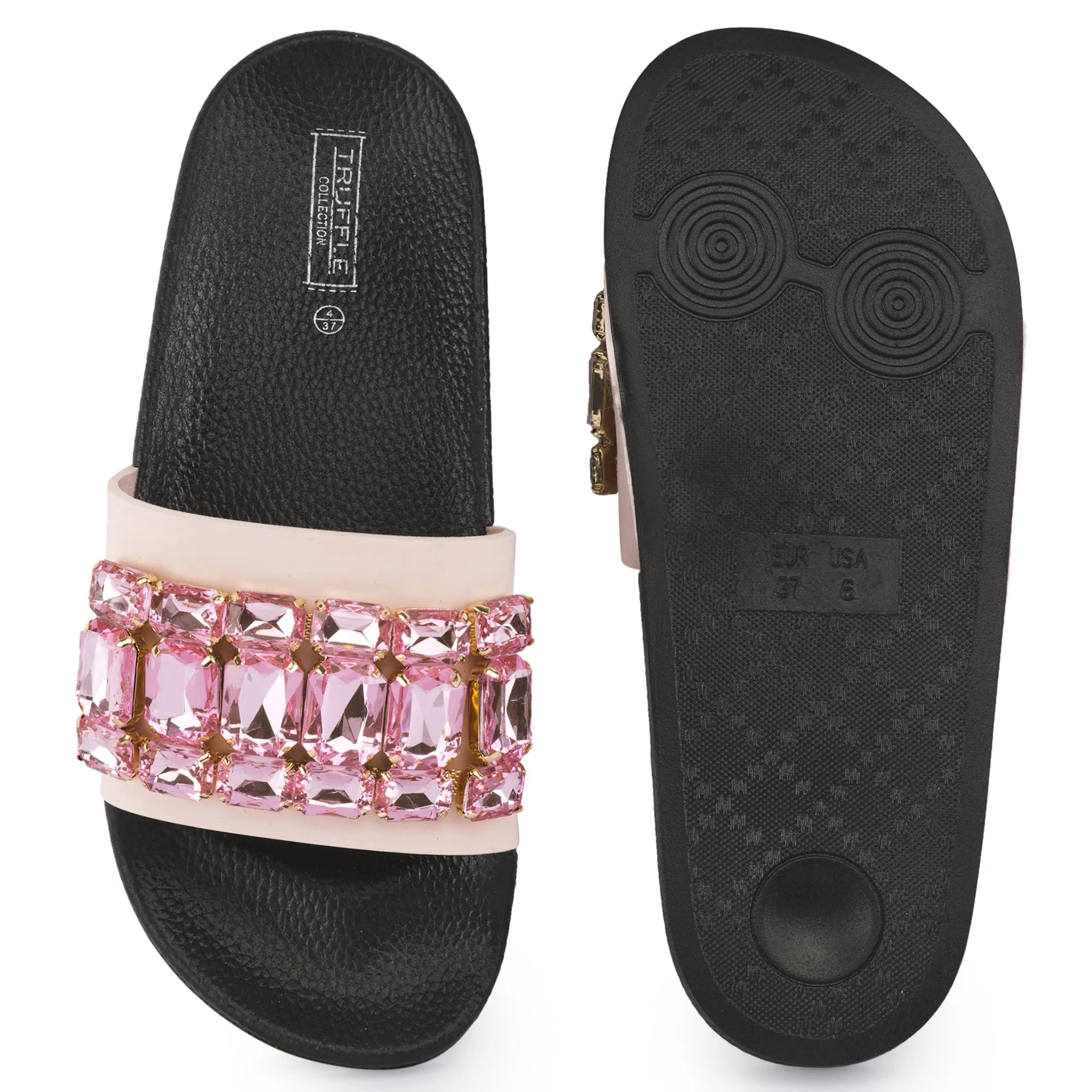 Black Pink Embellished Flat Sliders