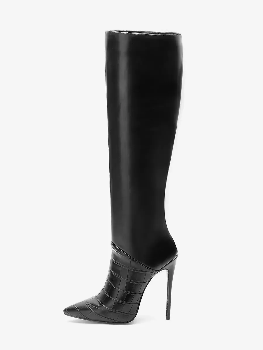 Black Pointed Toe Stiletto Heel Mid Calf High Boots