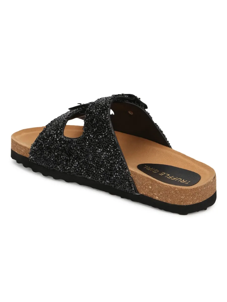 Black PU Textured Side Buckle Slides