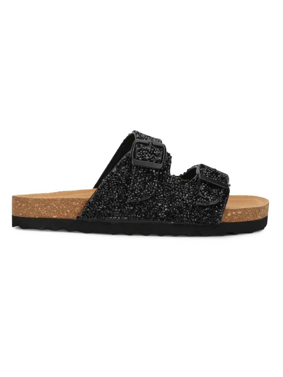 Black PU Textured Side Buckle Slides