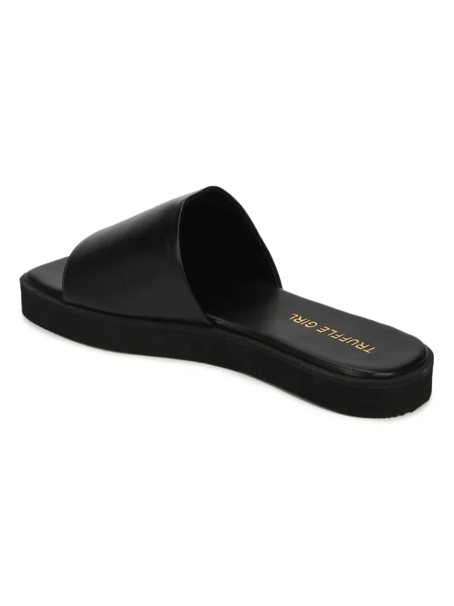 Black PU Wide Strap Slides