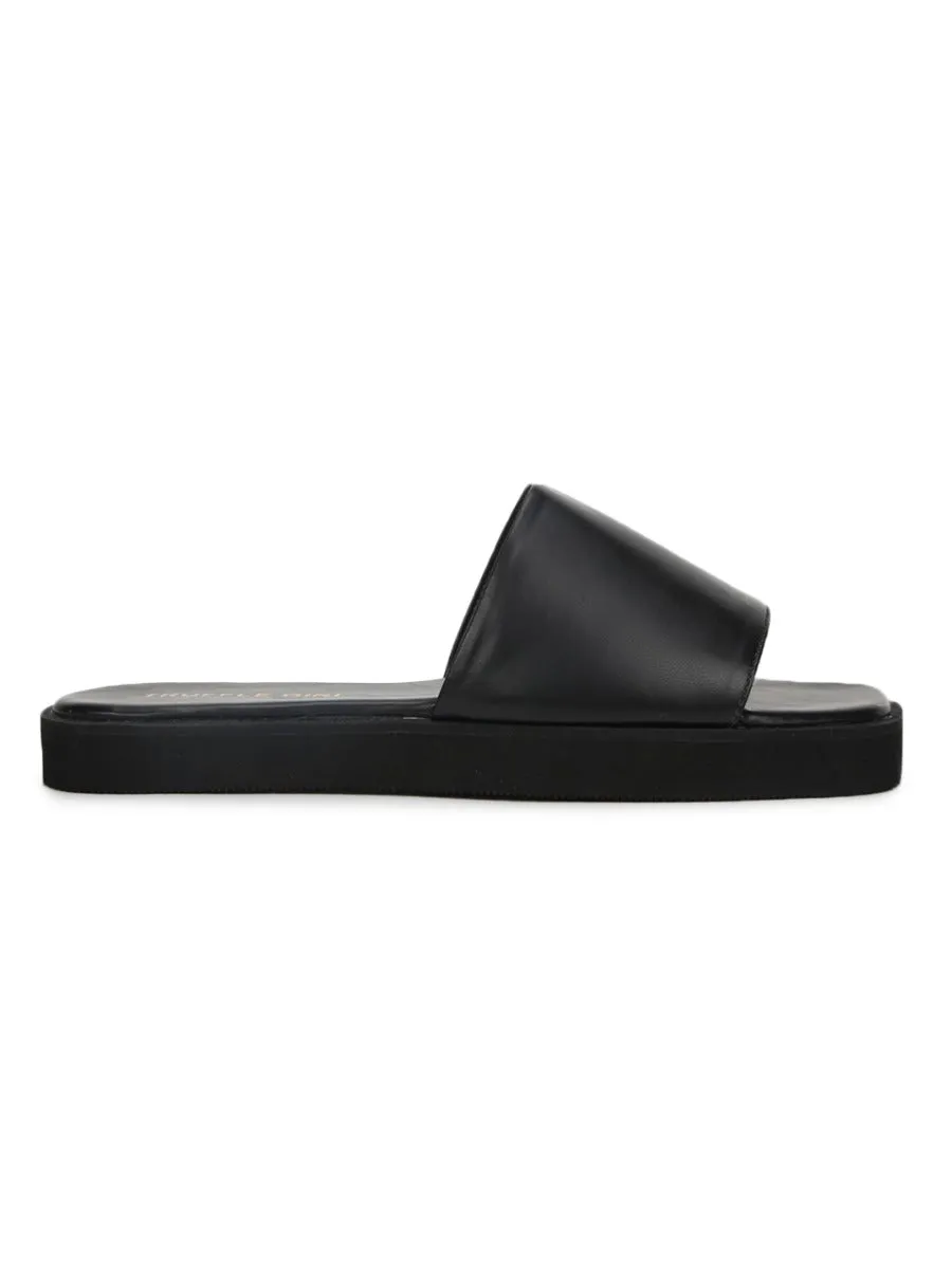 Black PU Wide Strap Slides