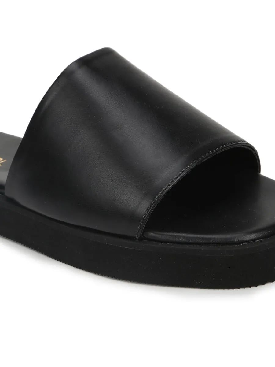 Black PU Wide Strap Slides