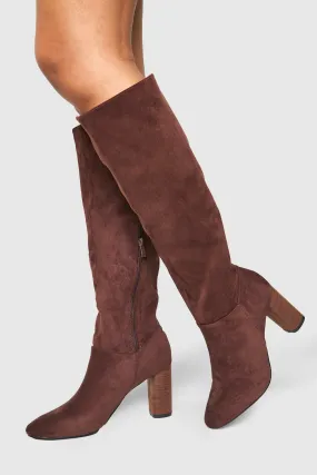 Block Wooden Heel Faux Suede Knee High Boots