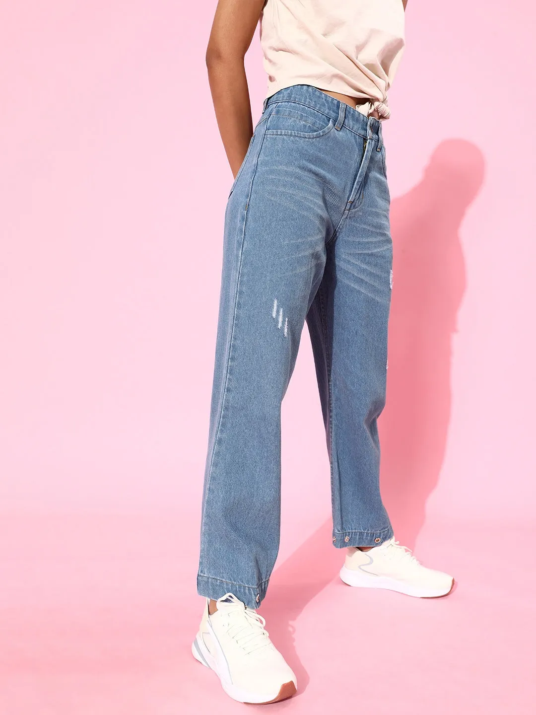 Blue Button-Hem Slouchy Jeans