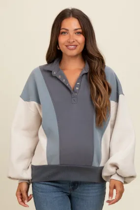 Blue Colorblock Snap Button Maternity Polo Sweatshirt