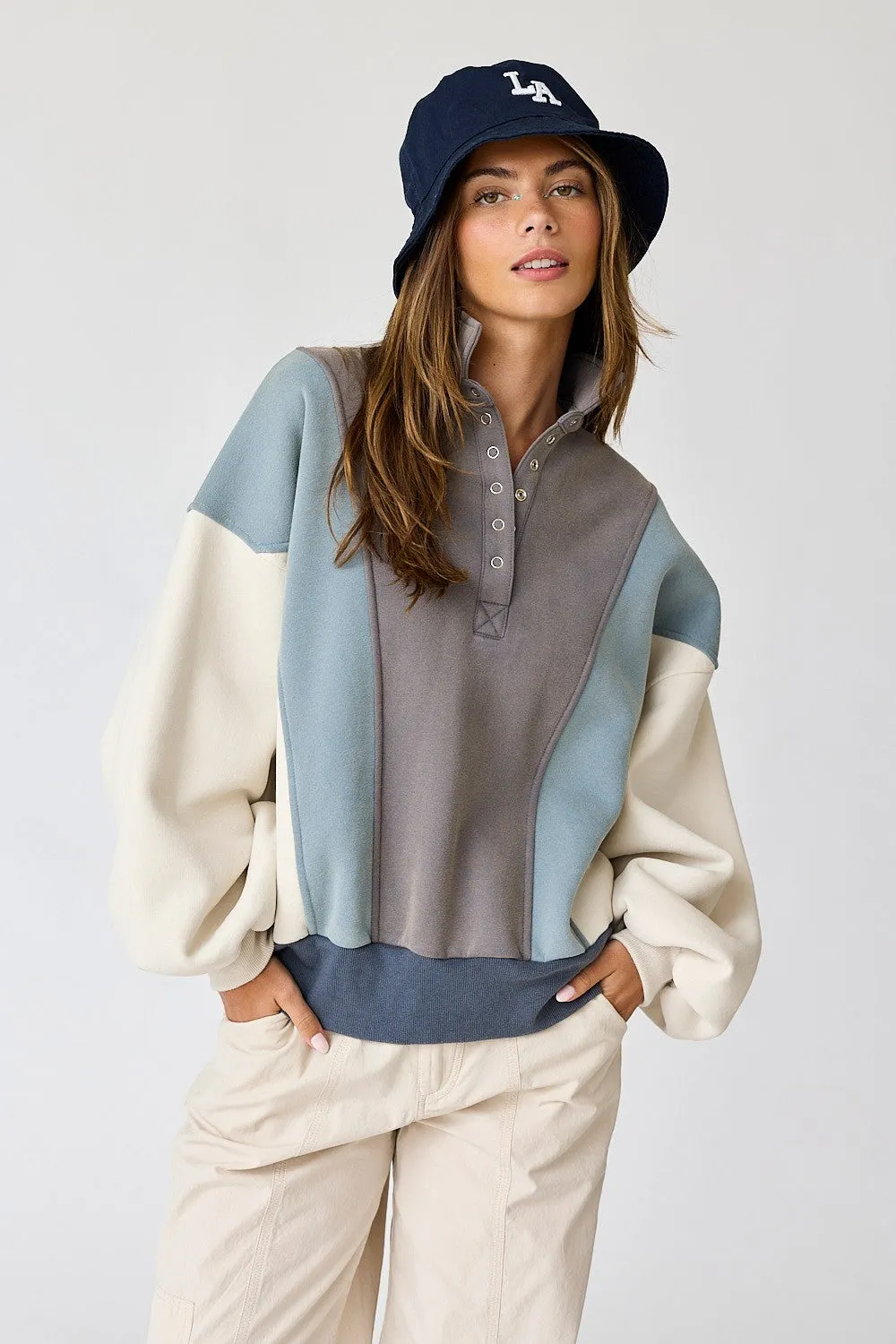 Blue Colorblock Snap Button Maternity Polo Sweatshirt