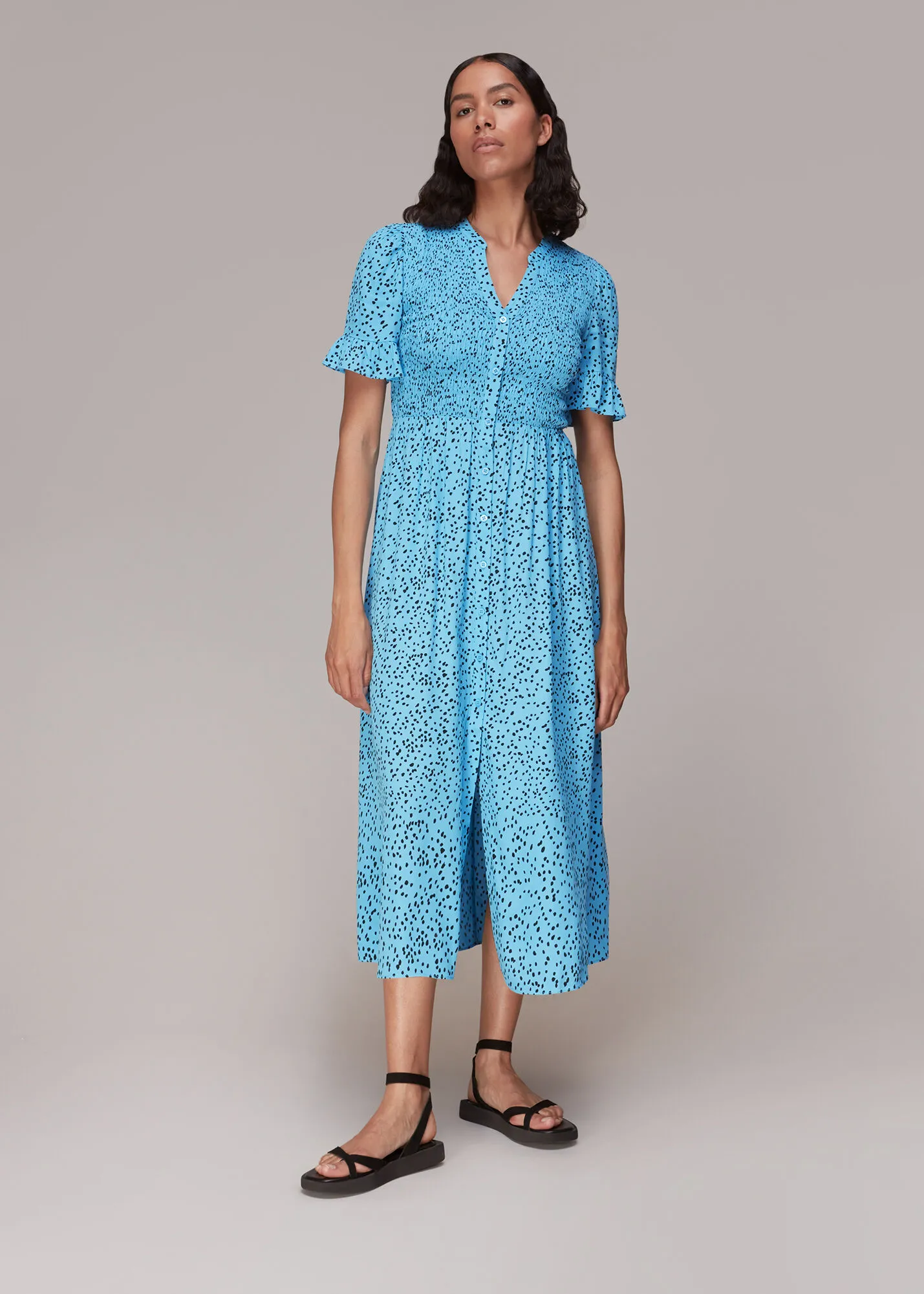 Blue Spotted Dot Shirred Midi Dress