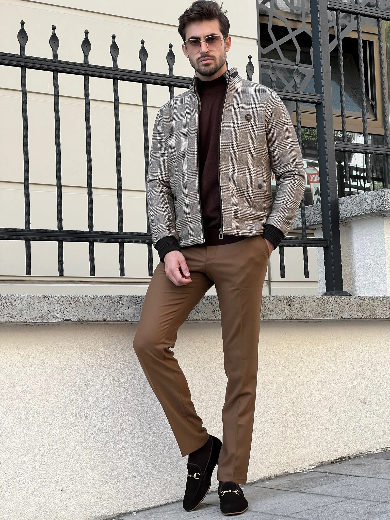 Bojoni Astoria Slim Fit Side Pocket Plaid Woolen Beige Coat