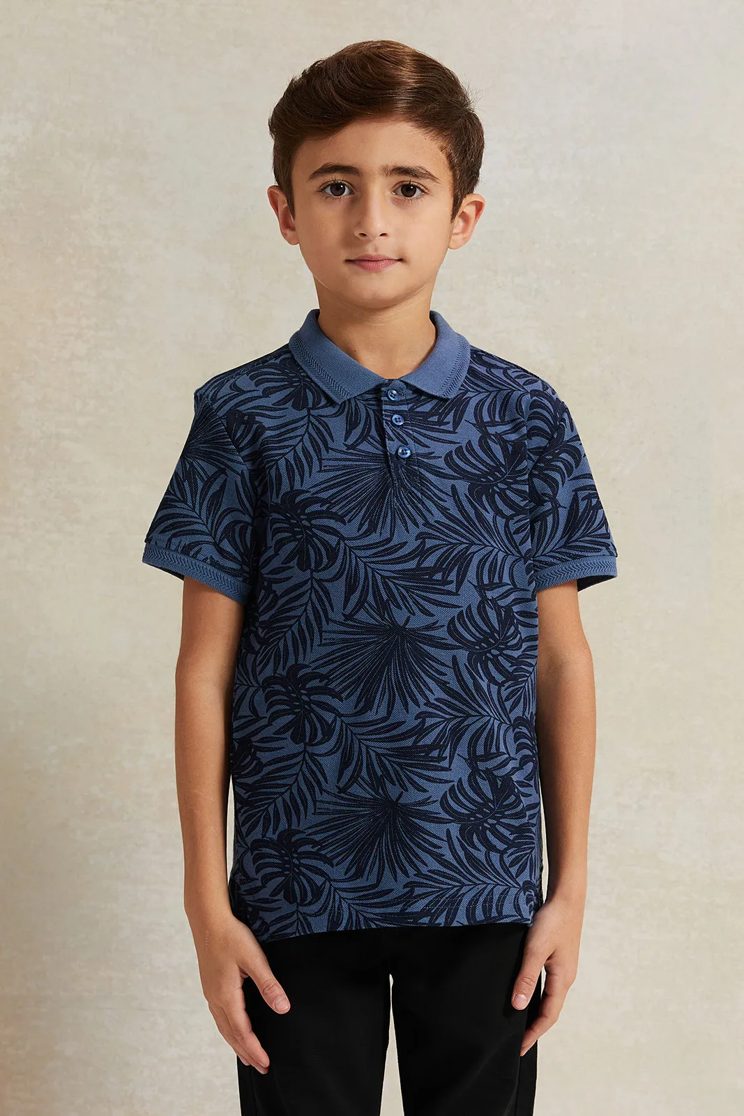 Boys Blue Pique Printed Polo Shirt