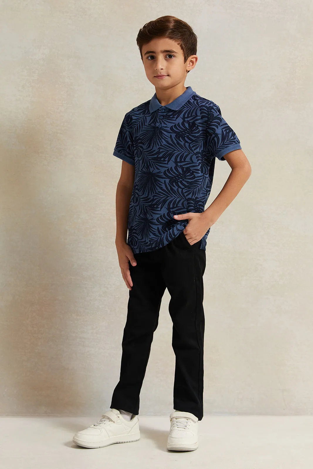 Boys Blue Pique Printed Polo Shirt