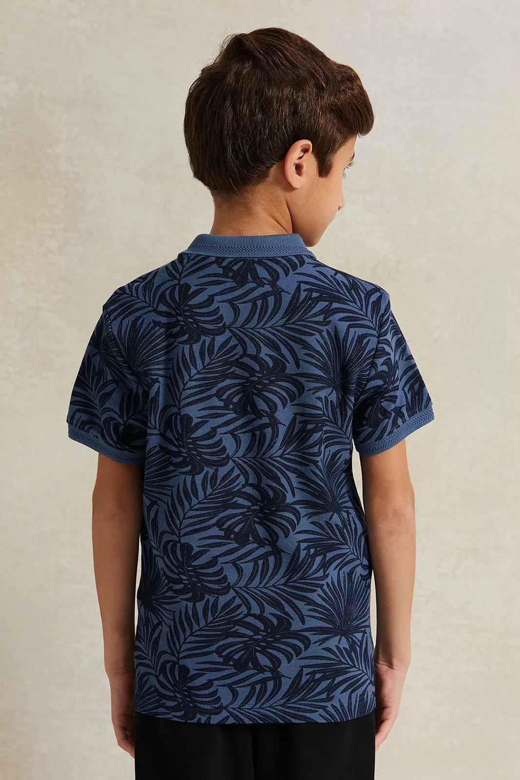 Boys Blue Pique Printed Polo Shirt