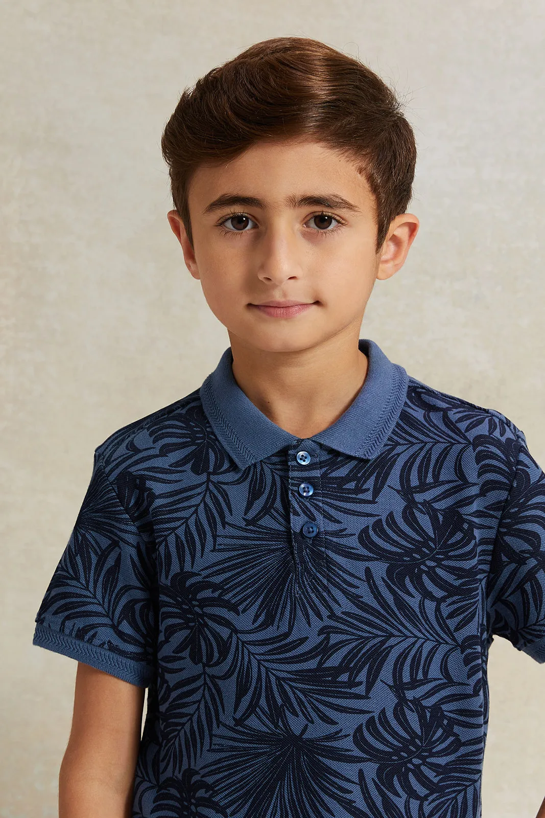 Boys Blue Pique Printed Polo Shirt