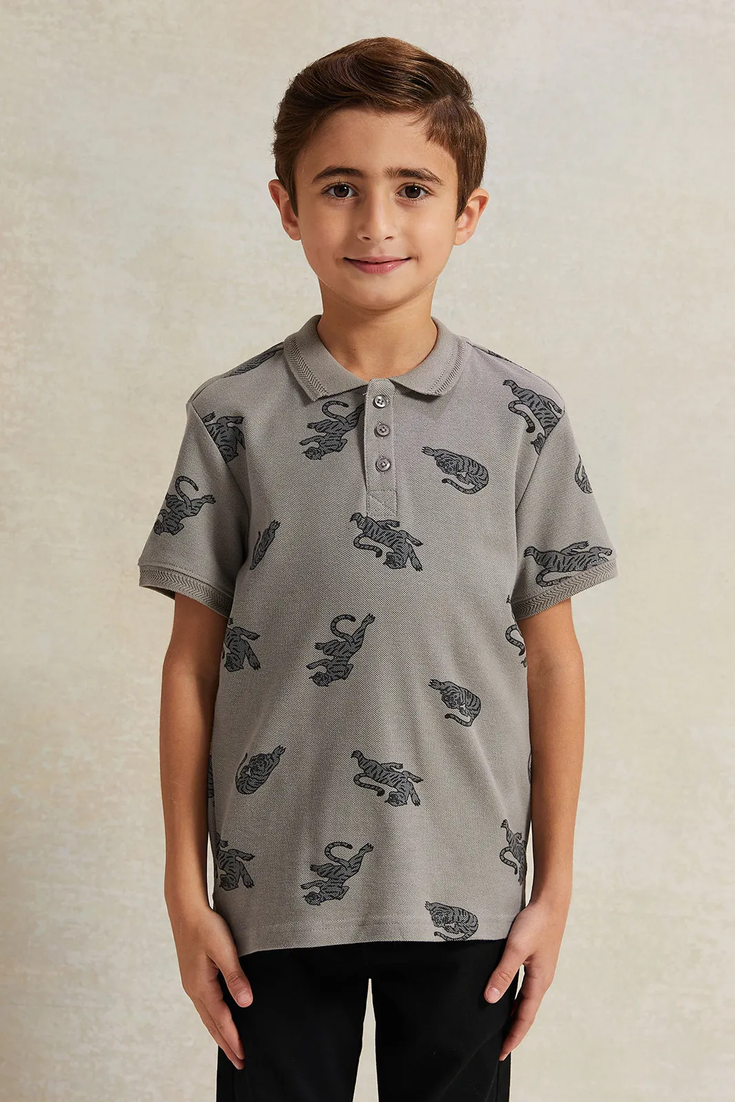 Boys Grey Printed Polo Shirt