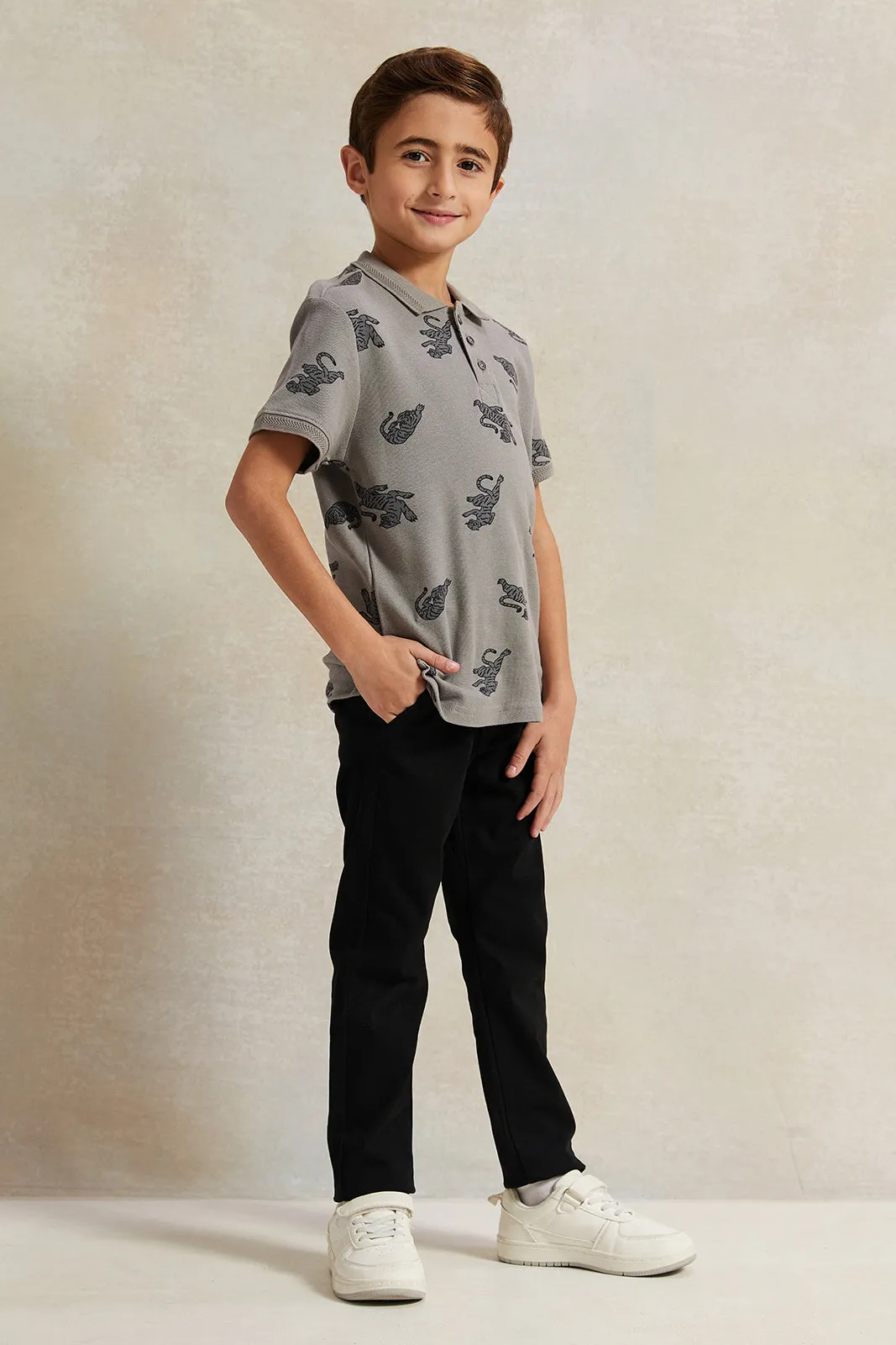 Boys Grey Printed Polo Shirt