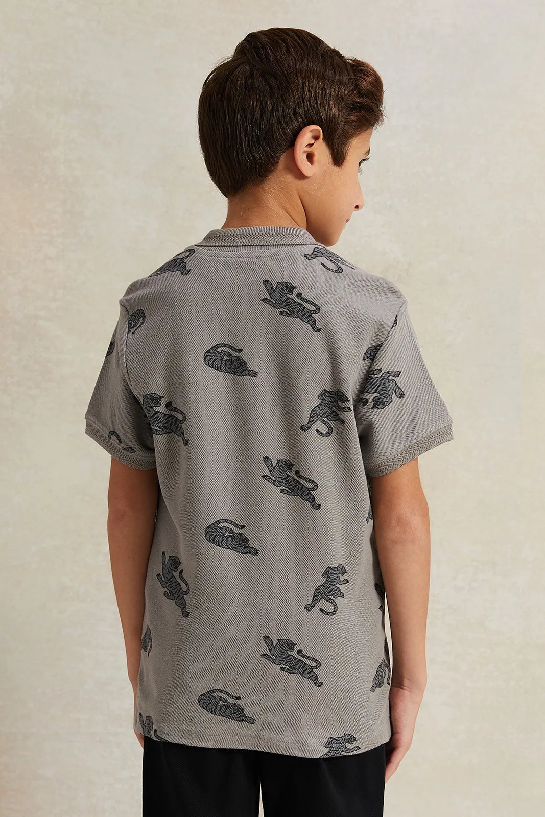 Boys Grey Printed Polo Shirt