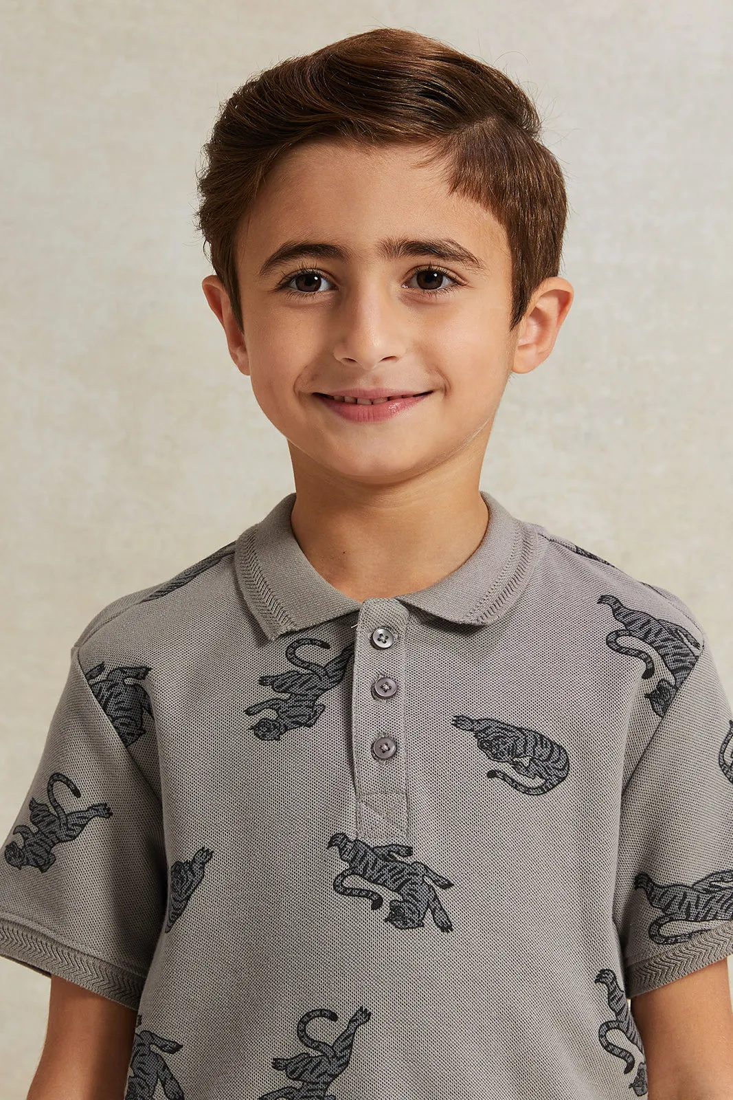 Boys Grey Printed Polo Shirt