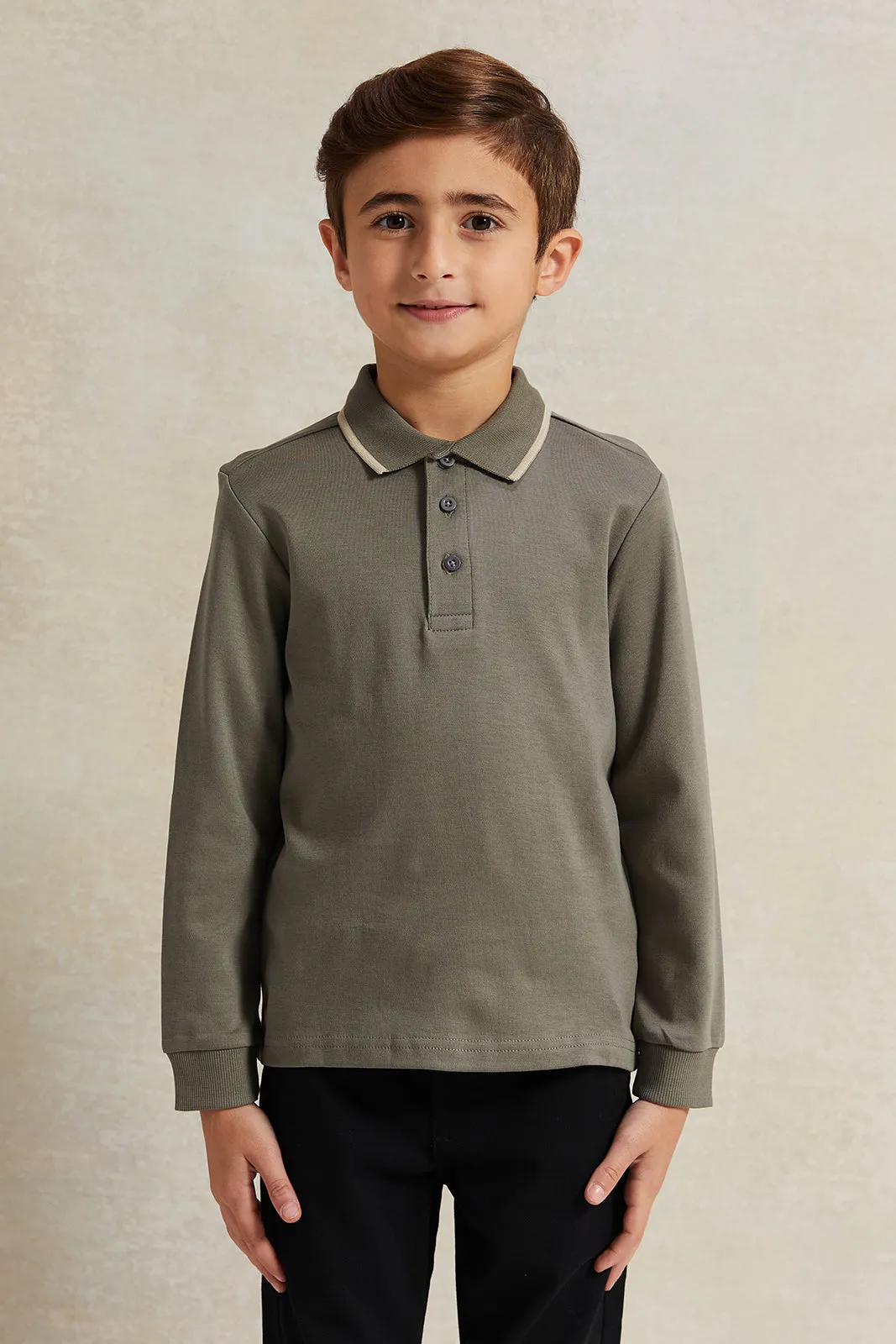 Boys Olive Long Sleeve Polo Shirt