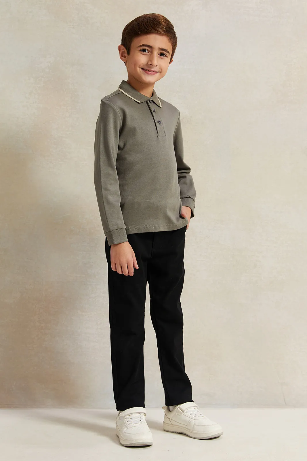 Boys Olive Long Sleeve Polo Shirt