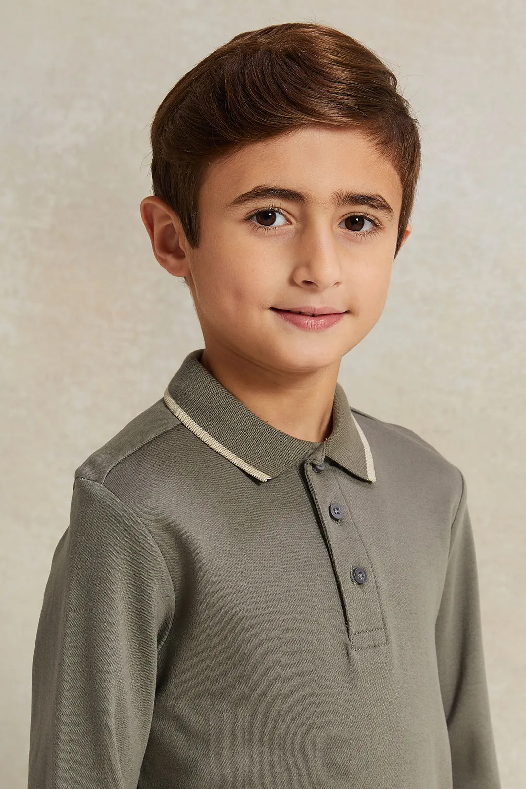 Boys Olive Long Sleeve Polo Shirt