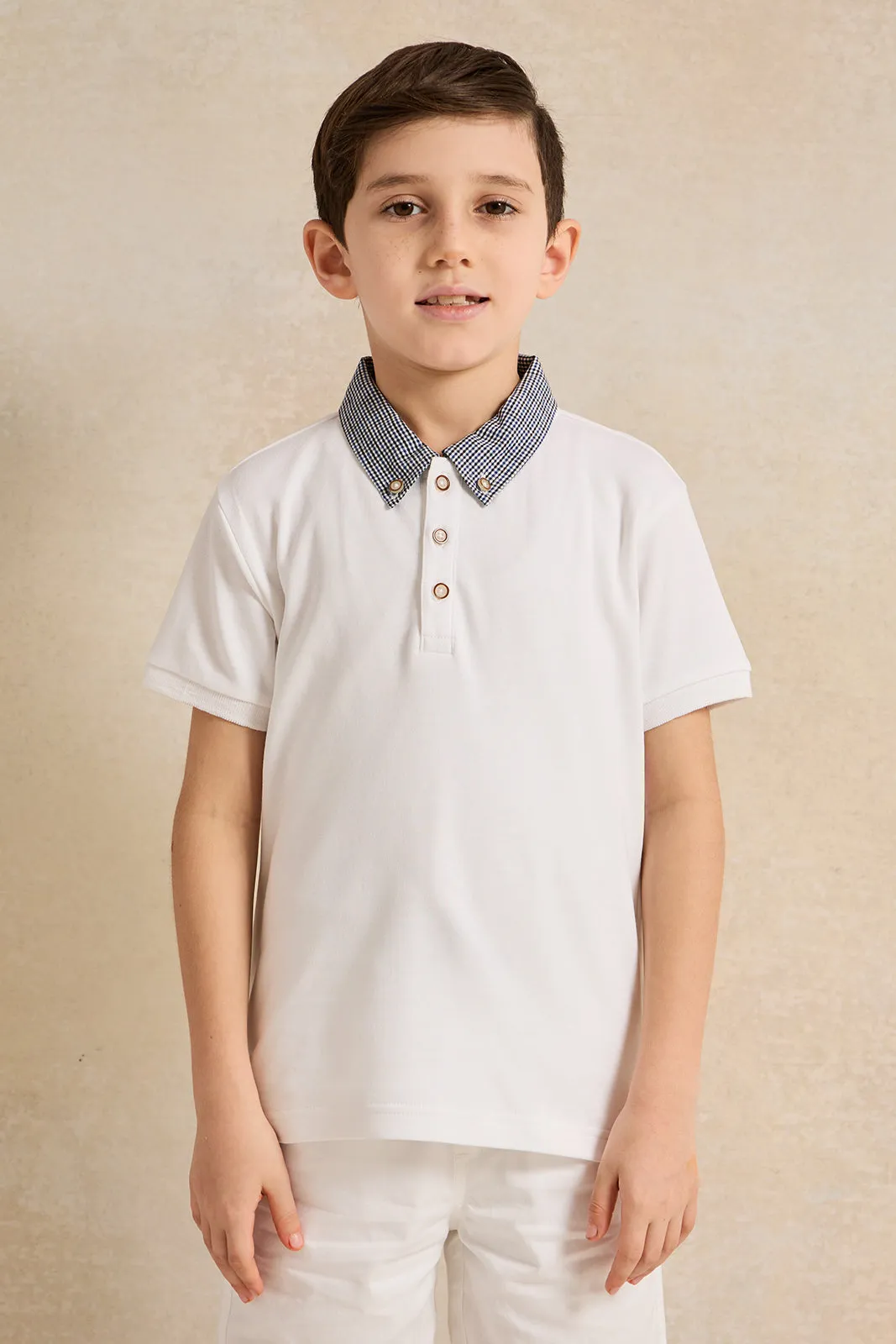 Boys White Polo Shirt With Check Collar