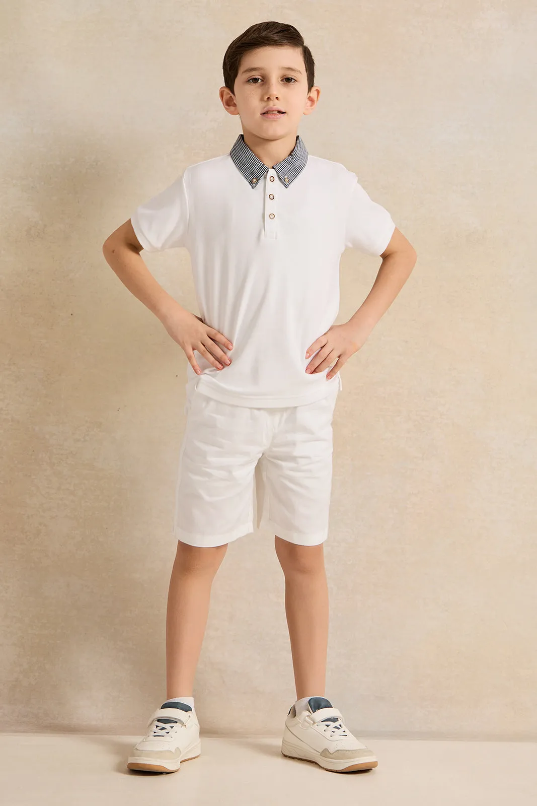 Boys White Polo Shirt With Check Collar