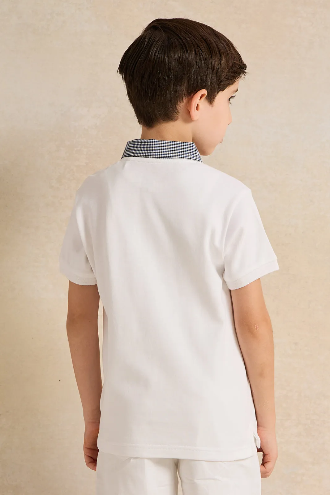 Boys White Polo Shirt With Check Collar