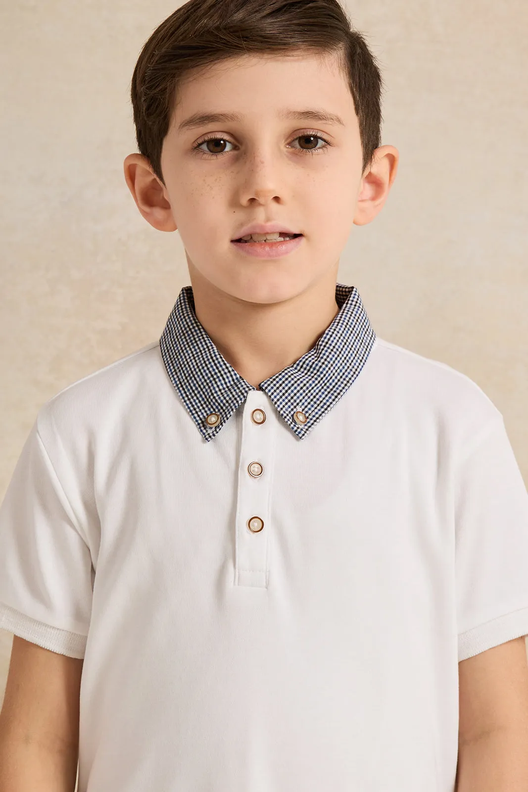 Boys White Polo Shirt With Check Collar