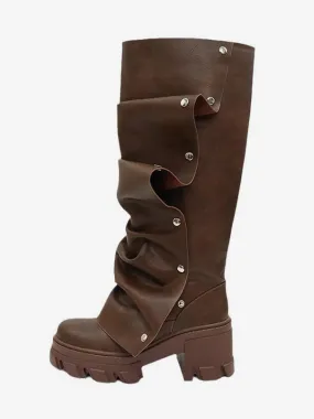 Brown Chunky Heel Platform Knee High Boots