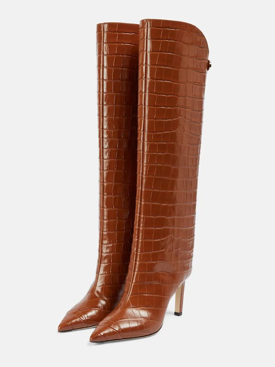 Brown Animal Pattern Pointed Toe Knee High Boots