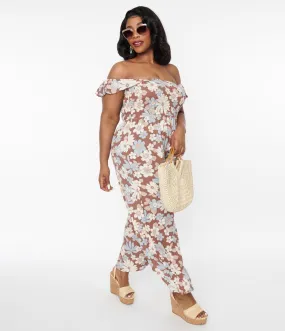 Brown Plus Size Off Shoulder Jumpsuit with Muted Florals