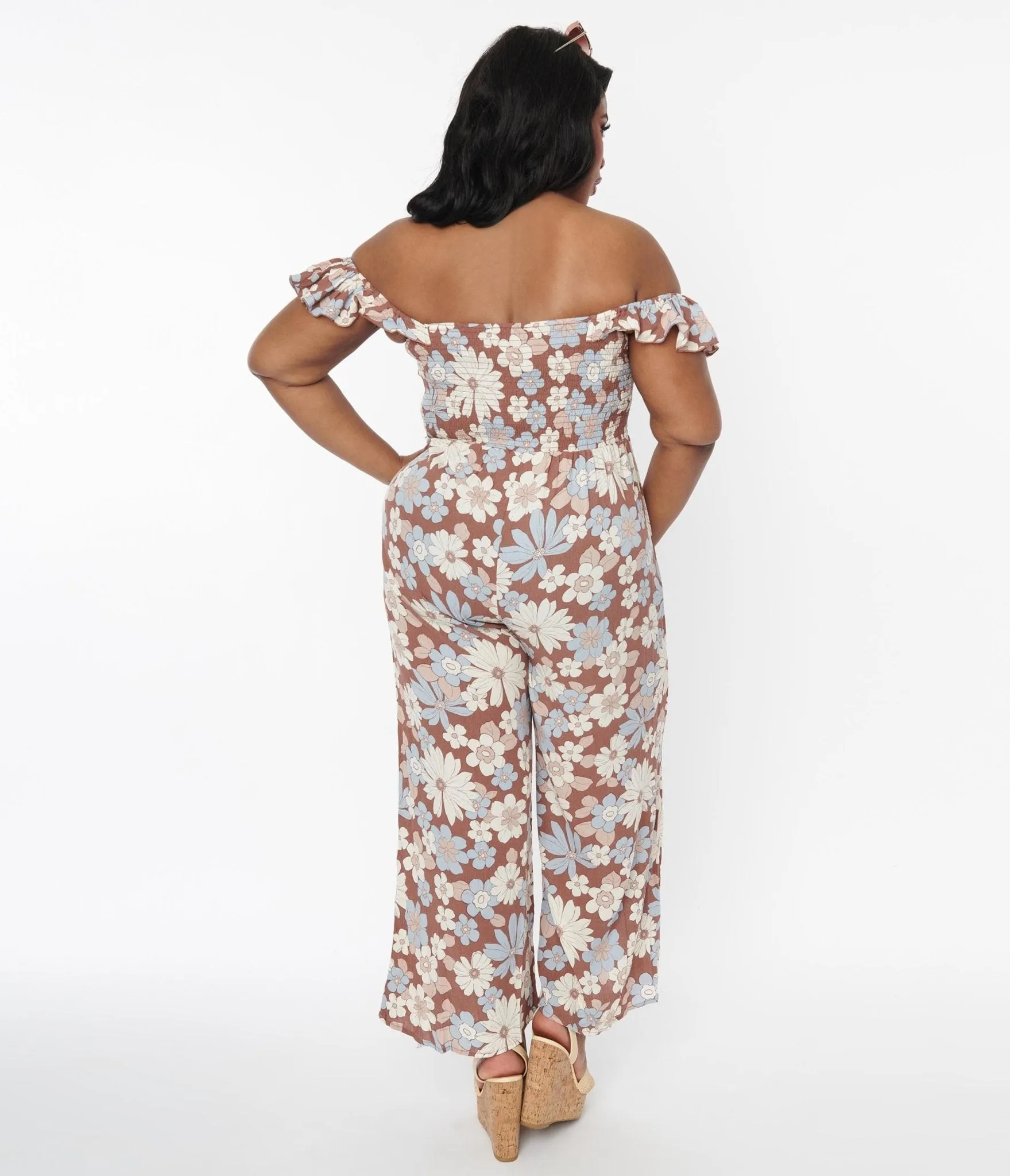 Brown Plus Size Off Shoulder Jumpsuit with Muted Florals