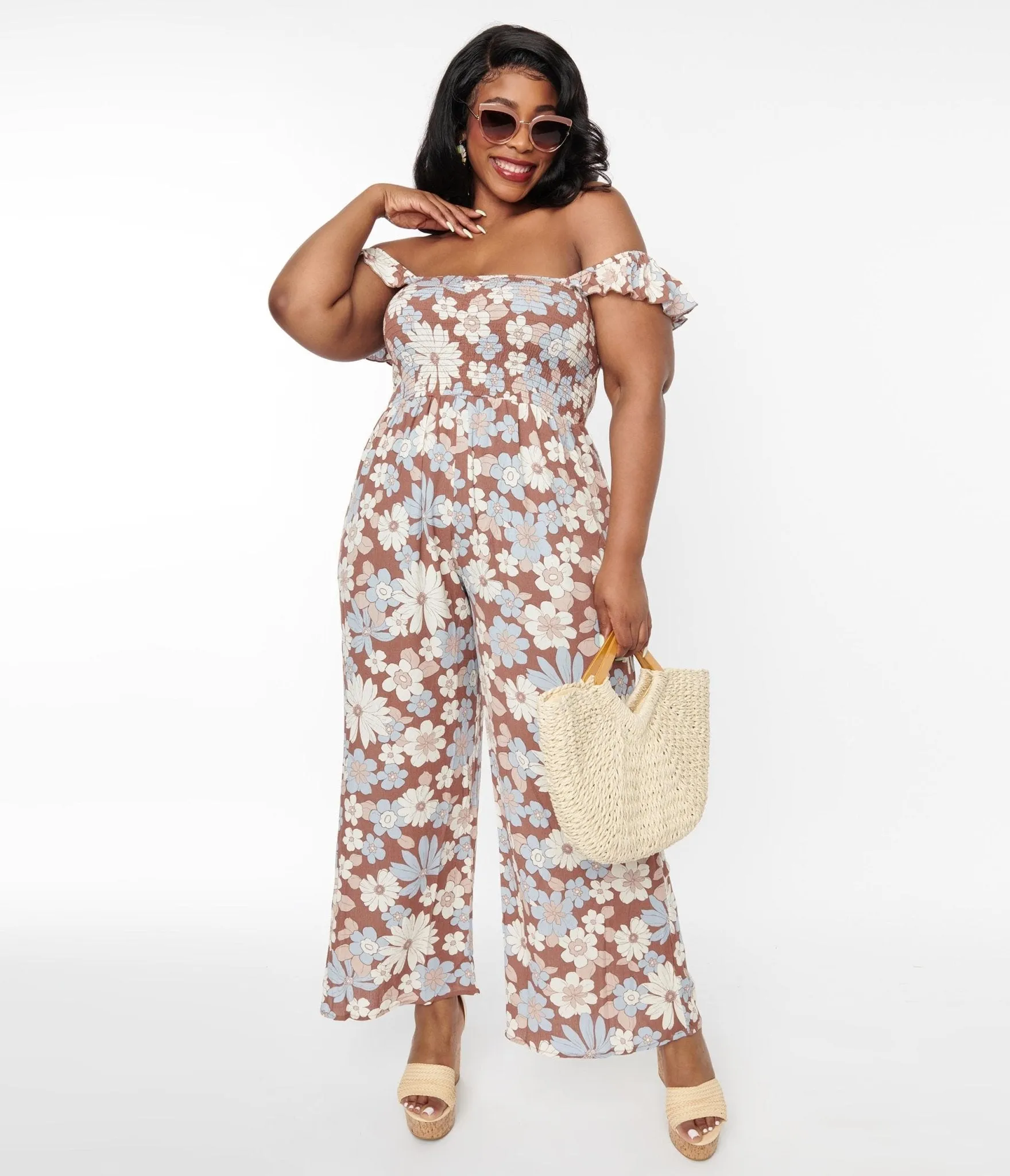 Brown Plus Size Off Shoulder Jumpsuit with Muted Florals