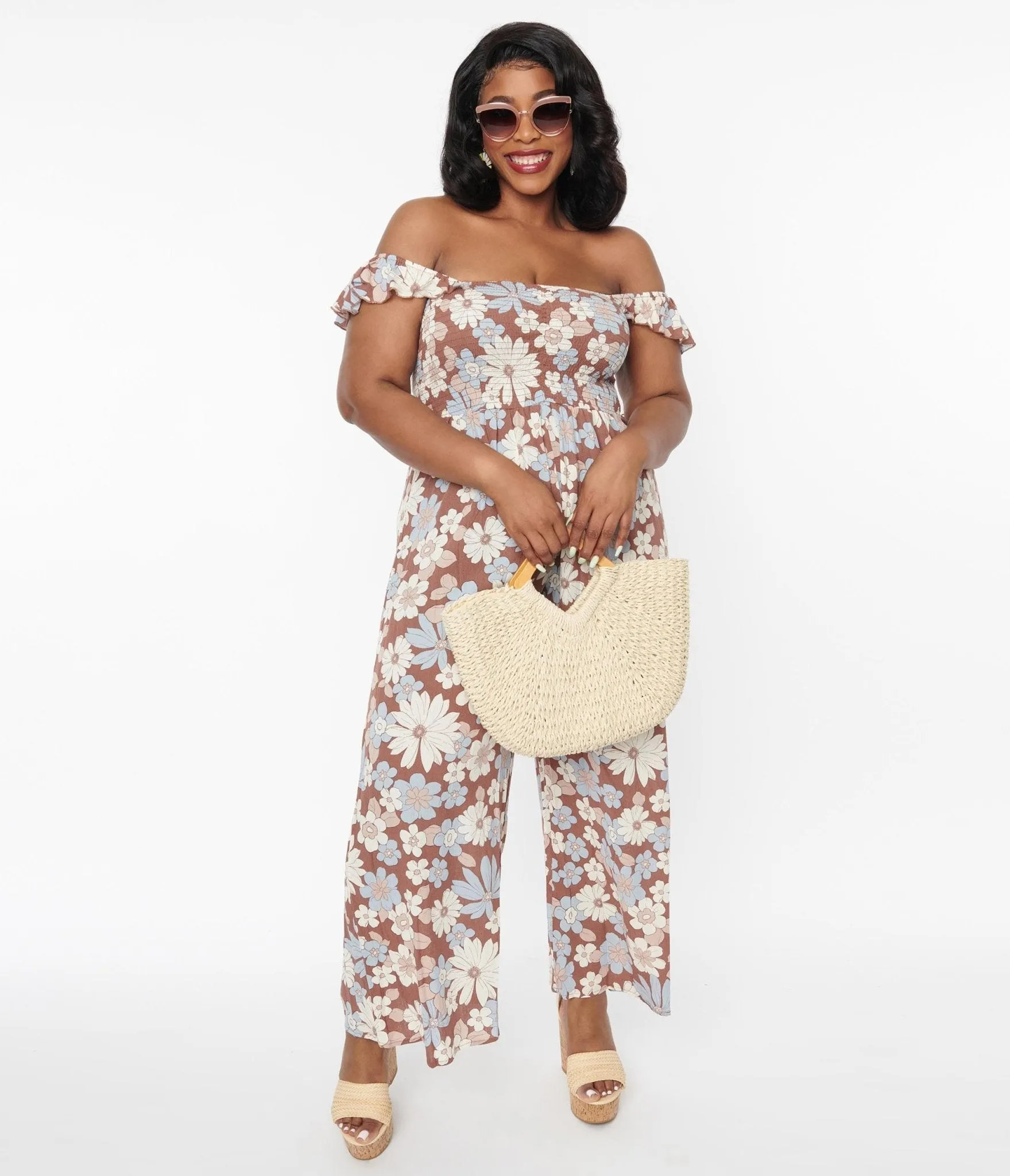 Brown Plus Size Off Shoulder Jumpsuit with Muted Florals