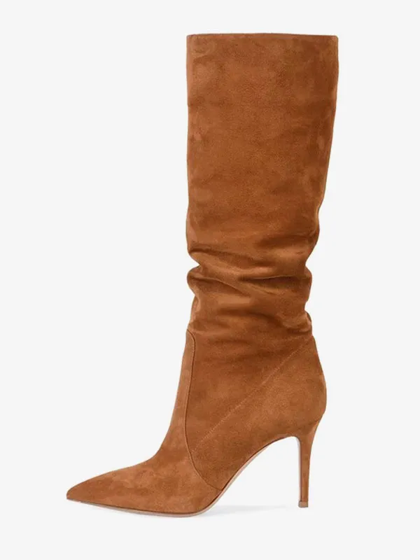 Brown Suede Stiletto Heel Mid Calf Slouch Boots