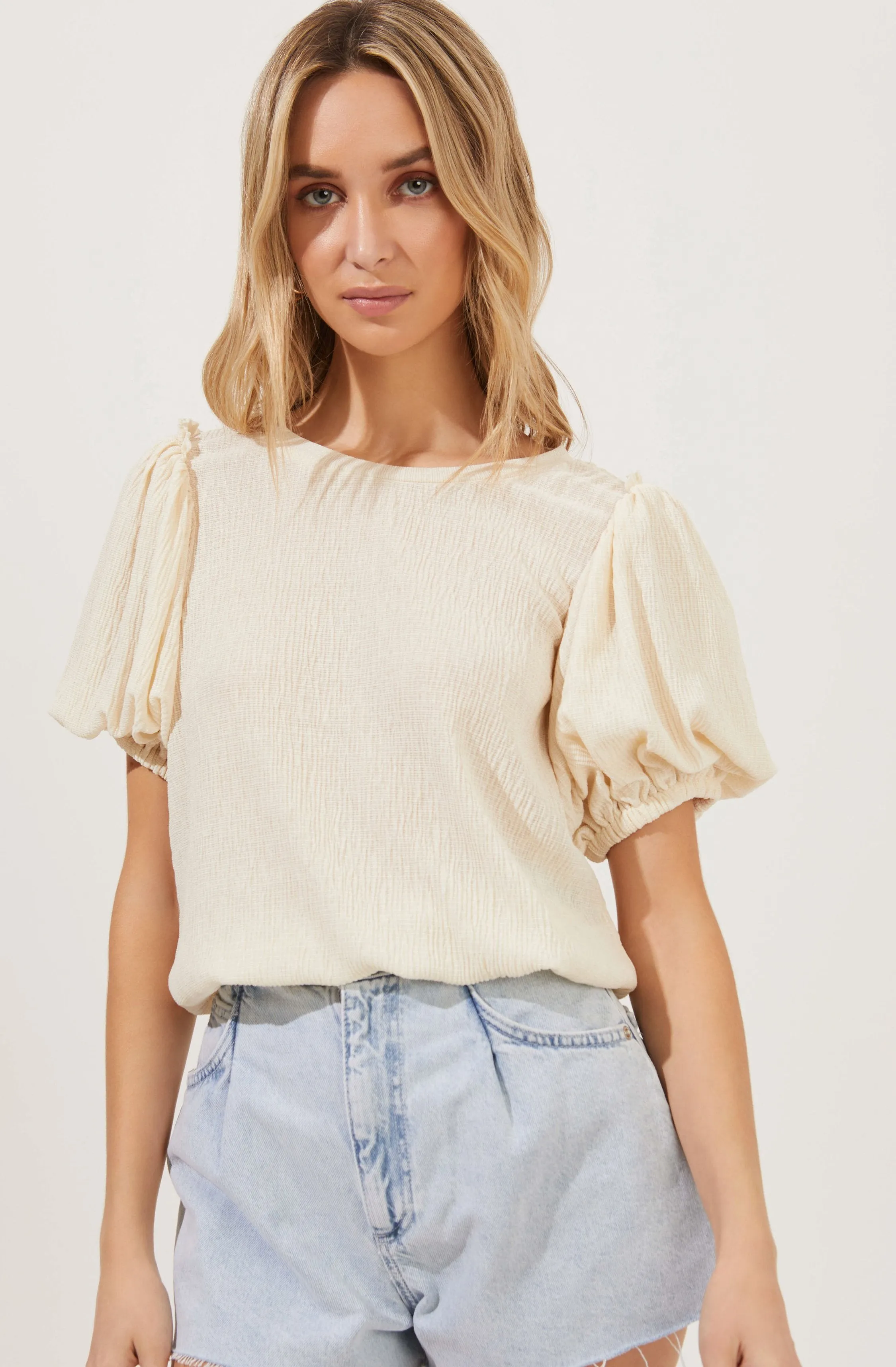 Bubble Sleeve Crew Neck Blouse