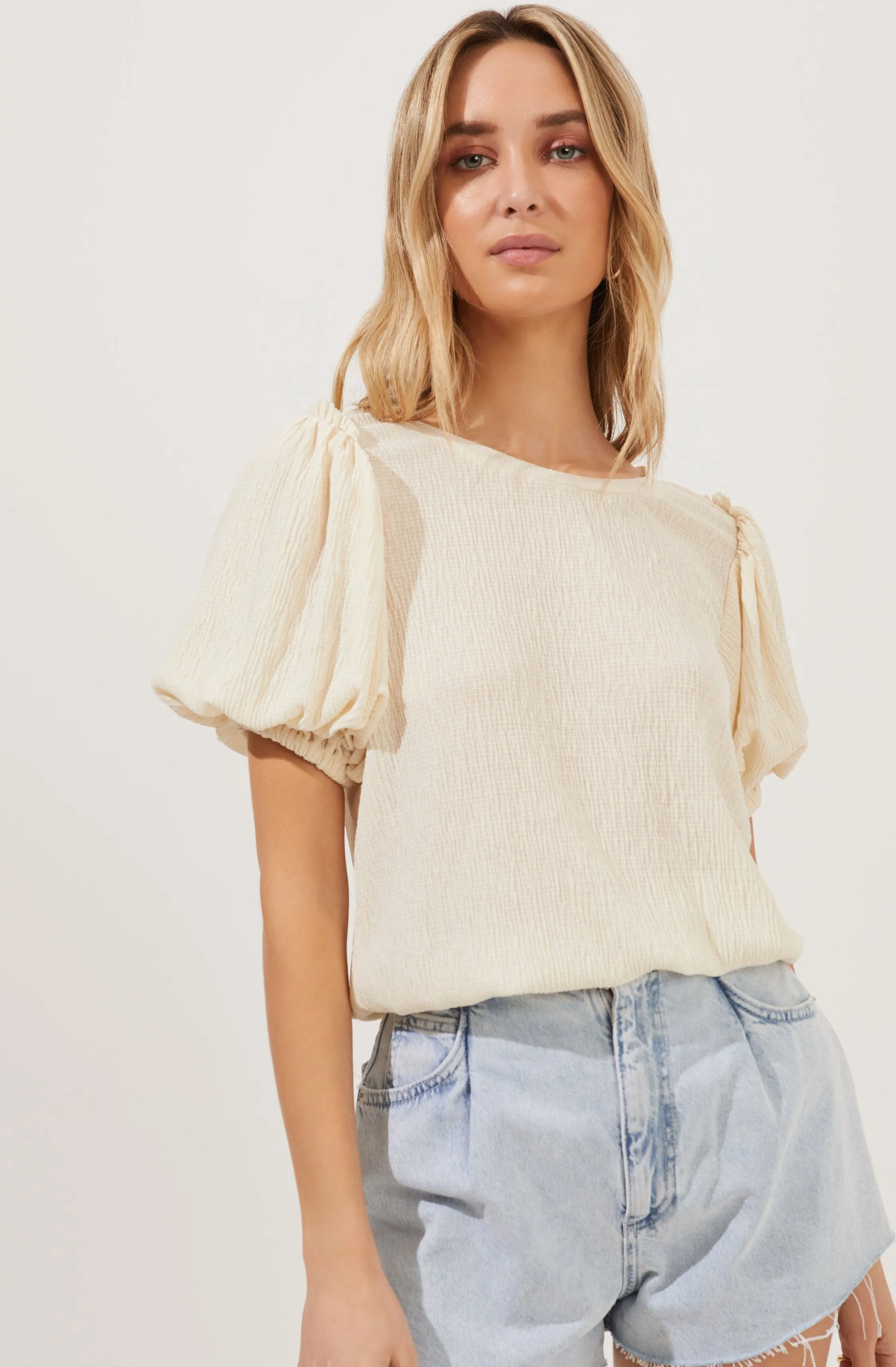 Bubble Sleeve Crew Neck Blouse